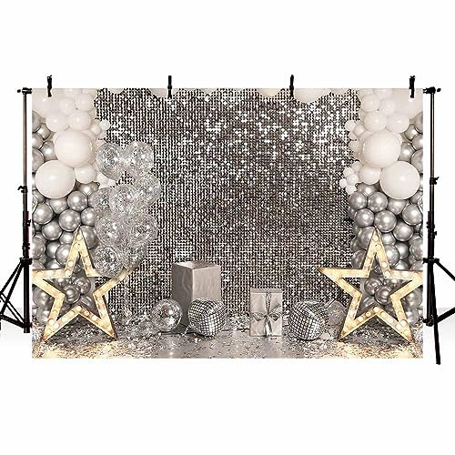 AIBIIN Toile de fond à paillettes argentées pour photographie, ballons blancs pour filles, amies, fête d'anniversaire, gâteau, table, accessoires de studio