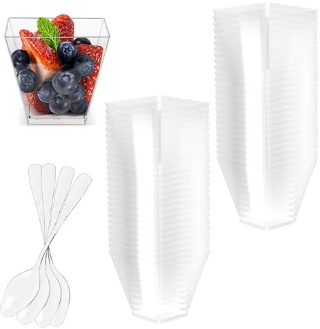 Fousenuk 50 Piezas vasos para postres con Cucharas Plástico, 2oz/60ml tazas copas cuencos de postre Reutilizables Cuadrados Transparentes para Pudín, Mousse, Helado, Cumpleaños, Bodas