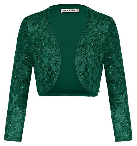 GRACE KARIN Damen Langarm Pailletten Bolero Glam Jacke Disco Funken Beschnittener Shrug Dunkelgrün XXL