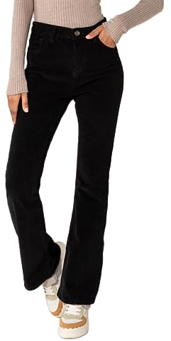 Nina Carter J221 Damen Hochtaillierte Bootcut Stretch-Cordhose aus Samtigem Kordel Vintage Schlaghose Cordjeans (Schwarz (J221-1), M)