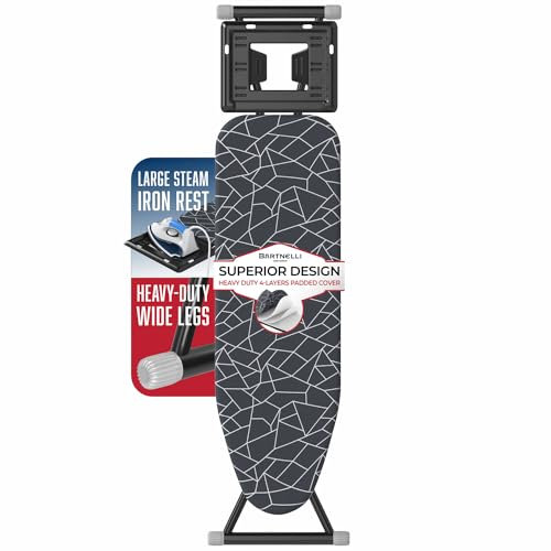 Bartnelli Ironing Board | Space-Saving and Ultimate Iron Board Experience 13x43 | Reinforced Steel Legs, Adjustable Height, 4-Layer Padding, Patent Folding System, with Convenient Iron/Steam Rest