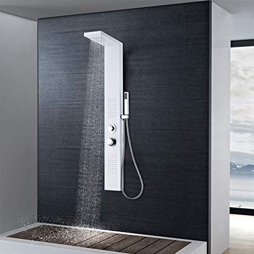Homgoday Aluminium Duschpaneel mit Regenfall, Wasserfall und Massage Düsen - Mattweiß - 150 cm Schlauch Model142372