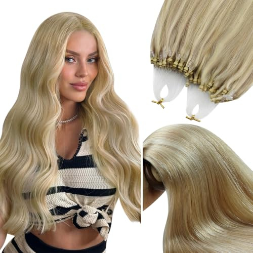 YoungSee Micro Hair Extensions Highlight 20 inch,Micro Ring Human Hair Extensions 50g 50s,Blonde Highlights with Ash Blonde,for Fuller Look,Cold Fusion,Natural Looking,Add Volume