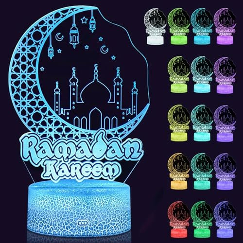 Dreamtop 3D Ramadan Lampe - 16 Farben LED Mond Stern Nachtlicht Mit Fernbedienung - Mubarak Eid Dekoration - Verfärbung Berühren für Zu Hause Handwerk