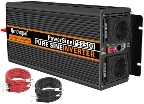 NOVOPAL 2500W Convertisseur 12v vers 230v Pur Sinus avec 2 Prises EU et 1 USB 2,1A, 5M de télécommande et 2 Ventilateurs