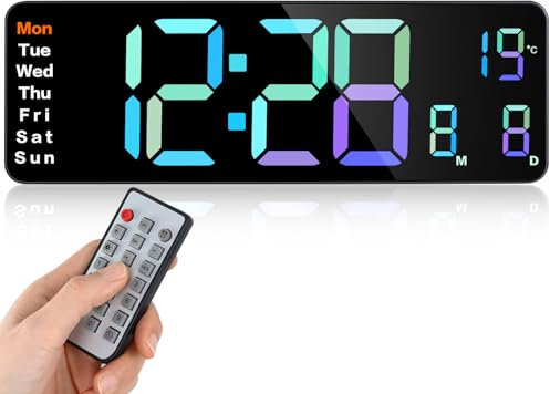 Fuloon 13-Inch Digital Wall Clock With Large Display, Adjustable Brightness LED, Remote Control, Countdown, Date, Week, Temperature (Plug-In)