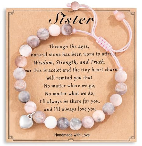 Mezrkuwr Rosa Naturstein-Armband, Schmuckkarte, Geschenke für Schwestern, Geburtstagsgeschenke für Mädchen, Freundschaftsarmband, Geschenke für beste Freunde