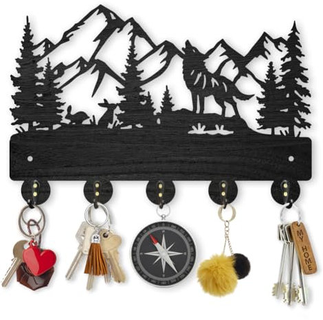 MAYJOYDIY Porte-manteau en bois motif de loup, lapin, forêt 30 x 20 cm Porte-clés mural en bois avec 5 crochets en alliage noir Porte-chapeaux pour chapeau, serviette, entrée