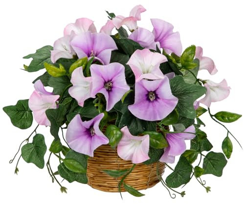 Arborus Kunstblumen im Topf Künstliche Petunie im Runden Weidenkorb 22 cm Künstliche Blumen Deko Violett Blumen Kunstpflanzen für Tisch Regal Zimmer Hochzeit Rustikal Deko