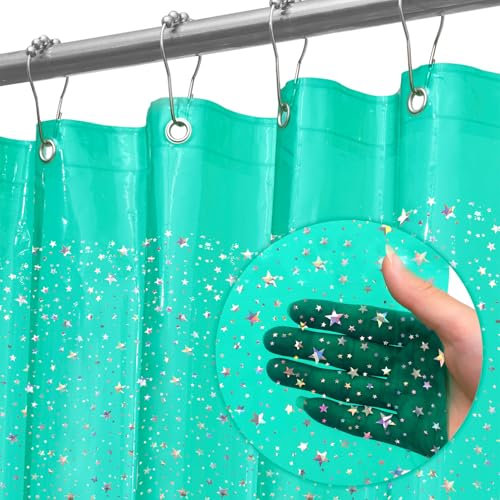 Rideau de douche en plastique léger avec œillets métalliques antirouille pour cabine de douche, baignoires (sans crochets) holographique 3D motif étoiles pailletées, vert holographique 3D – 183 x 183