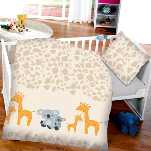 Kinder Bettwäsche 2-TLG (100x135cm / 40x60cm) Bettdecken Set, 100% Baumwolle - Babybettwäsche mit Motiv Koala & Giraffe