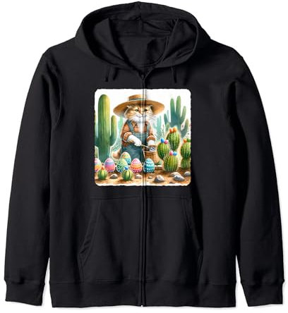 Chat jardinier avec chapeau de paille tendant aux œufs cactus Pâques Sweat à Capuche
