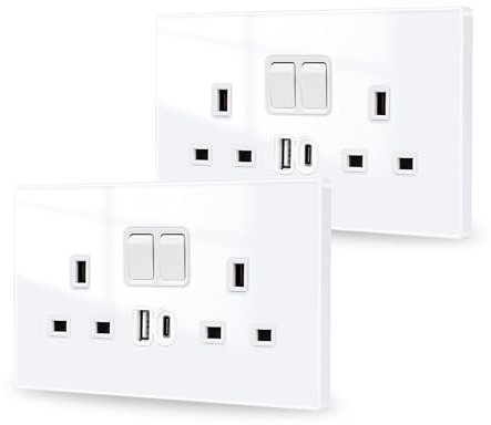 JIMEIDA 2 Pack White Double Switched Power Socket with USB A and Type C Charging Ports 13 Amp Crystal Glass Panel Wall Outlet Electric Socket