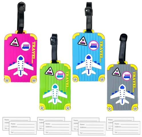 Lot de 4 Etiquette Bagage, Mignon Étiquette Valise Avion, Silicone Étiquette de Voyage Étiquettes Porte Adresse Porte Etiquette Bagage pour Valise, Bagages, Sacs à Dos, Voyages, 4 Couleurs