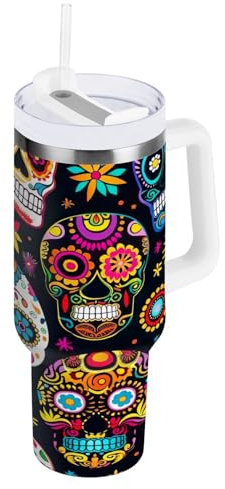 JUMBEAR 30oz Beautiful Sugar Skull Tumbler with Handle and Straw Lid,Insulated Reusable Stainless Steel Water Bottle Travel Mug Iced Coffee Cup