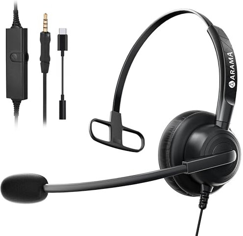 Arama 3,5mm Klinke Headset Handy, PC Kopfhörer mit Mikrofon Noise Cancelling für Fritzfon c6 c5 iPhone Samsung Laptop Tablet Computer Business Call Center Home Office Skype Zoom Meetings, Komfort Fit
