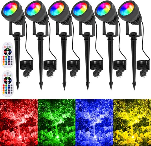 T-SUNUS 6 Pack RGB Garden Spotlights Mains Powered, RGB Colors 4 Lighting Modes Landscape Lights Garden Light with Ground Spike IP65 Waterproof Outdoor Pathway Lighting Yard Lawn