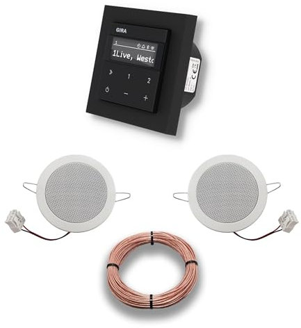 Gira Unterputz IP Internetradio 232003 + Bluetooth Komplett-Set, E2 schwarz matt + 2 x Deckenlautsprecher/Einbaulautsprecher + 20 Meter Lautsprecherkabel 2x0,75 mm