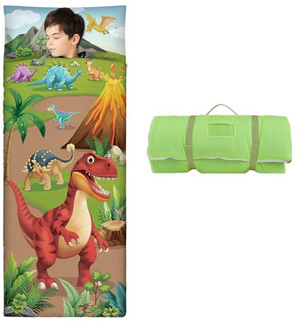 Schlafsack Kinder Doppelter Reißverschluss Weich Warm, Faltbare Kinderschlafsack mit Kissen Abnehmbar für Mädchen Jungen, Leicht Reinigen Schlafsack für Outdoor Indoor Camping, 150×60cm Vulkan