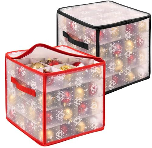 wsryx 2 Pack Christmas Bauble Storage Box, Foldable Clear Xmas Bauble Storage Boxes Cube with Dividers Stores up to 64 Baubles, Xmas Ornaments and Decorations Container (30 x 30 x 30 cm)