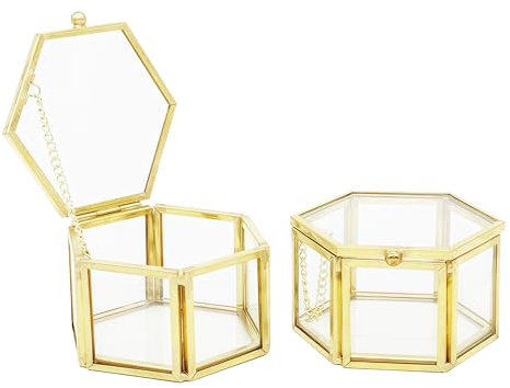 JIARI Lot de 2 petites boîtes à bijoux hexagonales en verre doré pour ranger des bagues, des boucles d'oreilles, des souvenirs