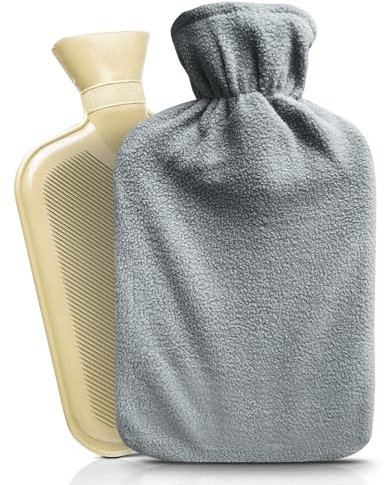 RE-GEN Hot Water Bottle with Microfiber Fleece Super Soft Cover | Large 2 Litre Capacity Ribbed | Made from Natural Rubber. Ideal for Hot Warming Pain Relief Therapy Treatment (Single Pack - Grey)