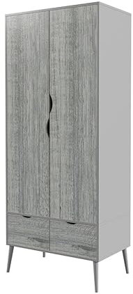 URBNLIVING 180cm Tall Freestanding White Ash Grey Black Wardrobe with 2 Door 2 Drawer Modern Shelf Clothes Storage Scandi Legs Cupboards Hanging Rail Unit for Bedroom (Grey Ash Grey)