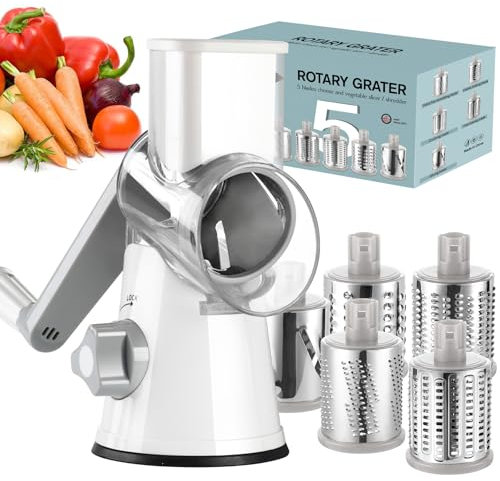 Ourokhome Rotary Cheese Grater Hand Crank, Kitchen Shredder Speed Mandolin Slicer Ice Shaver with Handle and Drum Blades for Cheese, Vegetable, Nuts, Chocolate, Potato, Carrot, 5 Blades, White