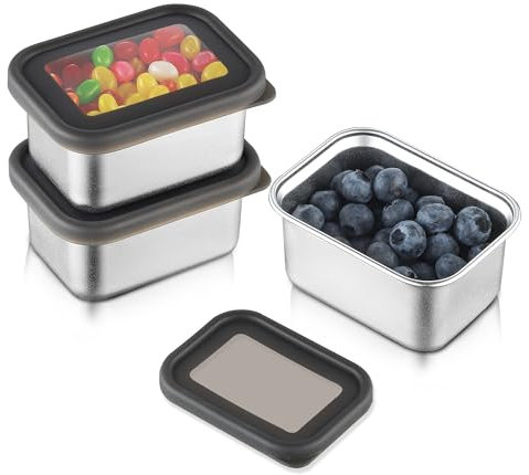 Misichao Snack Containers 280 ml x 3, Small Stainless Steel Lunch Bento Snack Box, Reusable Metal Meal Prep Containers with Silicone Lids for Kids Adults Black