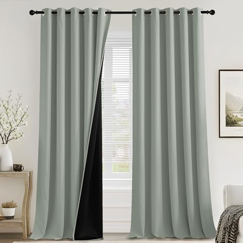 PONY DANCE 100% Blackout Curtains for Bedroom - Thermal Full Blackout Eyelet Curtains & Drapes Heat and Light Blocking Panels for Living Room with Black Liner 2 Pcs, 66 x 90 Inch, Sage Green