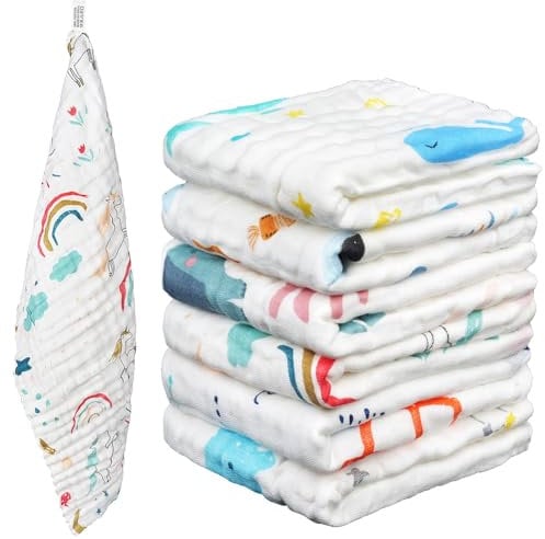 AYESY Muselinas Bebe Algodon,6 Piezas 25 * 50cm Muselinas Bebe,Toalla Facial Infantil,6 Capas De AbsorcióN De Agua Y Suavidad Gasas para Bebes,Piel Sensible para ReciéN Nacidos