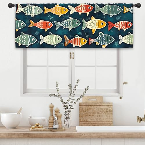Kalmico Bunte Fisch-Küchenvorhang, 137 x 45 cm (B x L), lebendig, lustig, Vintage-Retro-Stil, Stangentasche, kurze Café, kleine Fensterbehandlung, Vorhänge, Dekoration