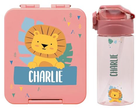 gutmarkiert – Set mit personalisierbarer Trinkflasche für Kinder & personalisierte Brotdose für Kinder aus Plastik – Trinkflasche mit Strohhalm und 450ml–100% BPA-frei (Altrosa)