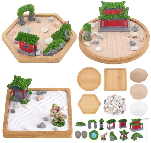 WEBEEDY 3 Sets Japanese Zen Garden Kit for Desk,Mini Desktop Sand Tray Zen Garden Meditation Acessories Home Office Decor Relaxation Gifts for Men Women Father Mother Birthday Gifts