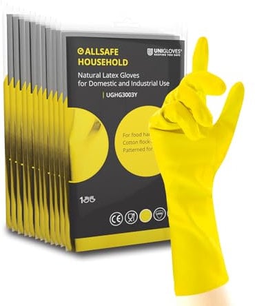 UNIGLOVES Allsafe Household Yellow - Latex Reusable Household Gloves for Cleaning, Washing up and Food Processing - 12 Pairs - Size S