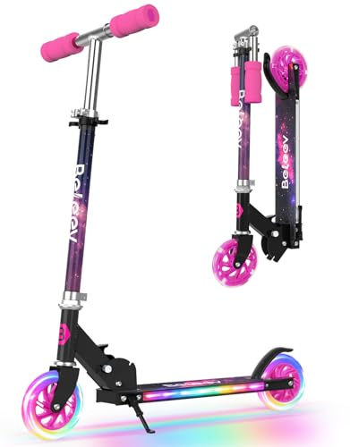 BELEEV V1Plus Trottinette Enfant 3 à 12 Ans, Pliable Trotinette à 2 Roues LED Lumineuses, Deck, 3 Réglables en Hauteur, Plateau Antidérapant,Trottinette avec Support pour Filles et Garçons, Scooter