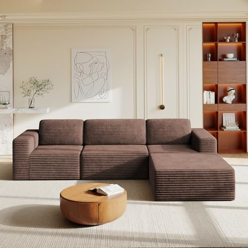 Vesgantti 303 cm Groß Modulares Ecksofa mit Schlaffunktion, 3‑Sitzer Cordsofa mit Federkern, Extra Tiefe Sitzfläche, Boneless Schlafcouch, Für Wohnzimmer, Keine Montage erforderlich, Braun