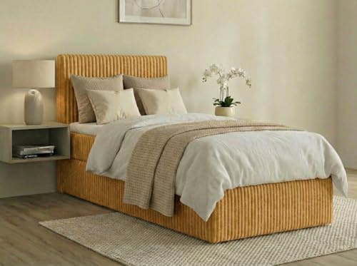 A&J MöbelLand Boxspringbett RALF 100x200 mit Bettkasten und Topper – Bonellmatratze H2 – Stauraum Rechts – Gelb