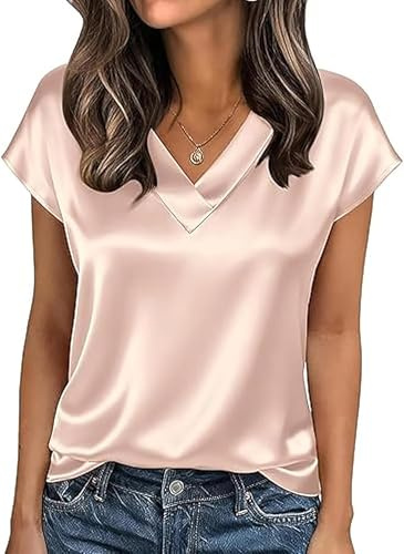 RUISHH Damen Kurzarm Satin T-Shirts V-Ausschnitt Oberteile Casual Bluse Sommer Elegant Locker Einfarbig Tops