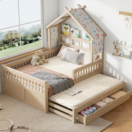 Merax Kinderbett 140x200 Hausbett mit Ausziehbett und 3 Schubladen, Jugendbett mit Rausfallschutz und Stauraum, Stabiles Holzbett mit Stoffdach für Kinder & Jugendliche, Kiefernholz, Weiß