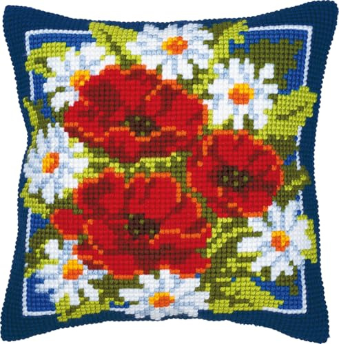 VERVACO Kreuzstich Stickpackungen Kissen Stickerei Set Anfänger Vorgedruckt Rote Blumen DIY Set Kreativ Set Für Erwachsene Dekoratives Kissen ca. 40 x 40 cm Bastelset Handwerker Haus Dekoration