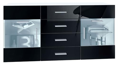 Vladon Buffet Dressoir Bari V1, Corps en Blanc Mat/Façades en Noir Haute Brillance (139 x 72 x 35)