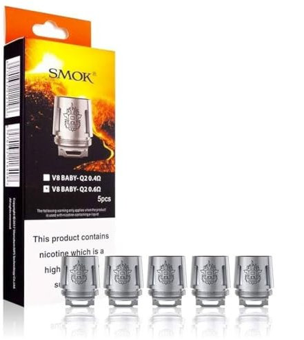 SMOK TFV8 Baby Tanque - Baby Best Turbo Bobinas 0,6 Ohm 5 piezas en un paquete (V8 Baby-Q2 Bobinas), Este producto no contiene nicotina ni tabaco
