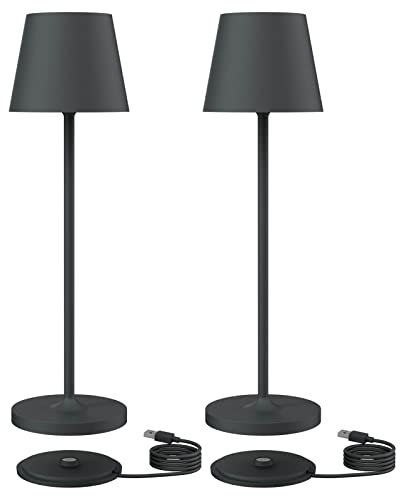 Klighten 2 Stück Dimmbare LED Akku Tischlampe, Warme Lichtfarbe 3000K, Aufladbar Designer Tischleuchte mit USB Ladestation, Anthrazit, Aluminium, Für Innen und Aussen
