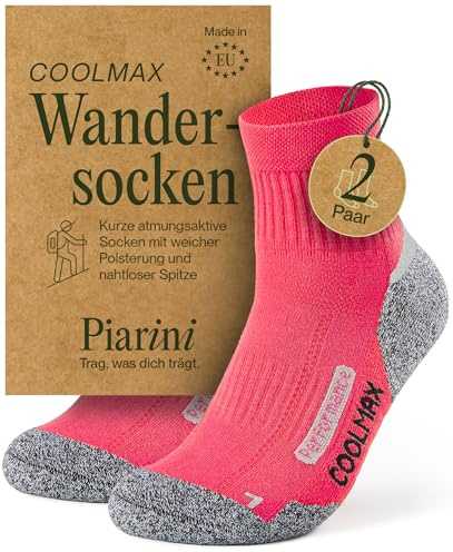 Piarini 2 Paar Coolmax Wandersocken Sommer Kurz, Atmungsaktiv, Anti Blasen & Geposltert - Outdoor Trekkingsocken Damen Herren - Gr. 35-38 bis 47-50
