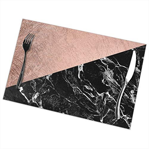 Uliykon Chic Modern Rose Gold Black Marble Color Block Table Placemats for Dining Table,Washable Table mats Heat-Resistant(12x18 inch) Set of 6
