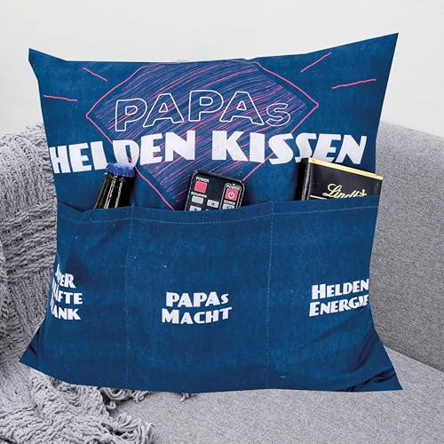 KAMACA Originelles Dekokissen Kissen mit 3 Taschen zum selber Befüllen Größe 43x43 cm tolles Geschenk für EIN gelungenen Sofaabend Filmabend (Papas Heldenkissen)