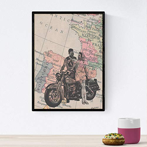 Nacnic Paar auf Motorrad in Spanien Poster. Vintage Landkarten Poster. Verschiedene bunte Bilder ohne Rahmen. A4-Format