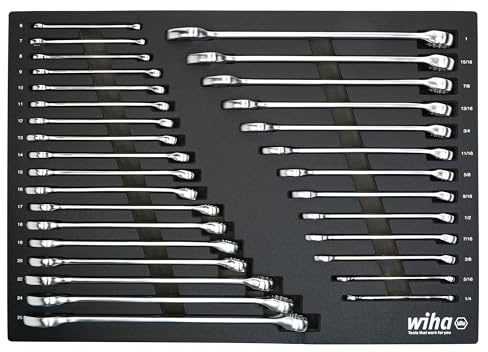 Wiha 31-teiliges Ringmaulschlüssel-Set, SAE und metrisch | 12-Punkt-Box und offene Enden, volle Schubladenablage