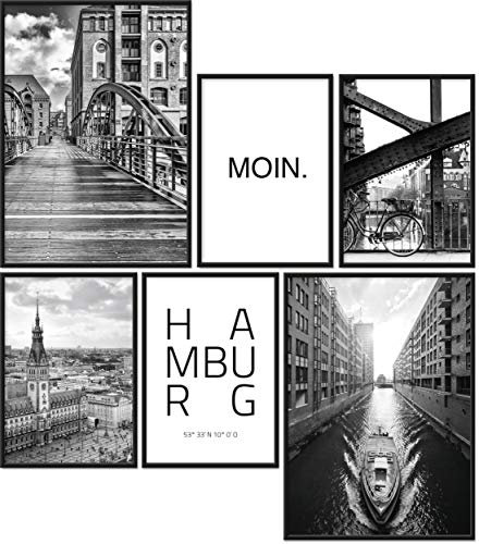 Papierschmiede® Mood Poster Set Hamburg, Bilder Wohnzimmer Deko Schlafzimmer, 2x DIN A3 und 4x DIN A4, Hafen Hauptstadt des Nordens schwarz-weiß - ohne Rahmen